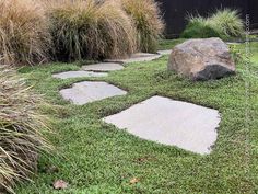 a rock and grass garden with stepping stones