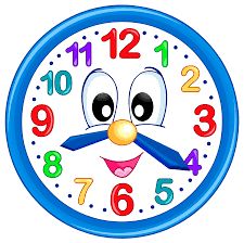 cartoon clock with hands and eyes showing the time on it's face, smiling