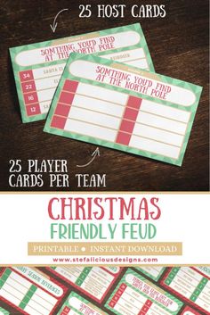 two christmas themed cards with the words 25 playing cards per team on them and an image of