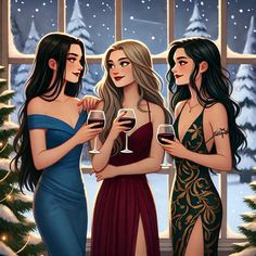 three women standing next to each other holding wine glasses in front of a christmas tree