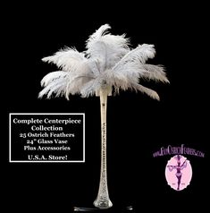 a tall palm tree with white feathers on it's top and the words, complete centerpiece collection