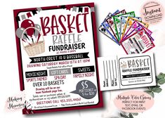 a basketball raffle fundraiser flyer is shown next to it's envelopes and stickers