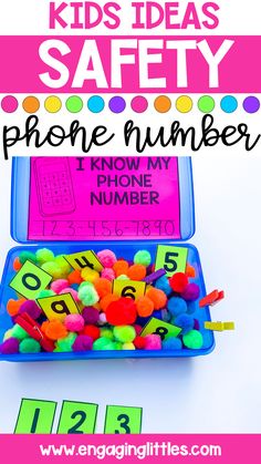 a blue box filled with lots of colorful numbers and letters on top of it is the words, kids's ideas safety phone number