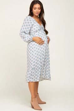 Blue Printed Cinched Maternity Midi Dress – PinkBlush Maternity Midi Dress With Smocked Back, Spring Maternity Beach Dress With Long Sleeves, Spring Beach Maternity Dress With Long Sleeves, Casual Maternity Dress With Smocked Back, Ruched Midi Maternity Dress, Ruched Midi Length Maternity Dress, Casual Maternity Midi Dress With Smocked Back, Flowy Long Sleeve Maternity Dress, Spring Long-sleeve Nursing-friendly Maternity Dress