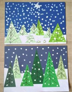 two christmas cards with trees and snow on them