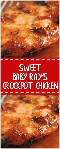 sweet baby rays crockpot chicken is shown in two different images, one with the words