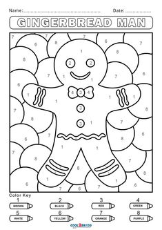 the gingerbread man color by number worksheet for kids to learn numbers and colors