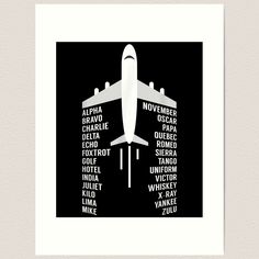 a black and white poster with an airplane in different languages on it's side