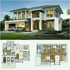 two story house plan with three car garages and lots of windows on the second floor