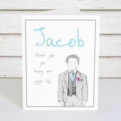 a card with a drawing of a man in a suit