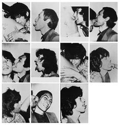 nine black and white photos of people kissing each other in different poses, with one man holding the woman's head