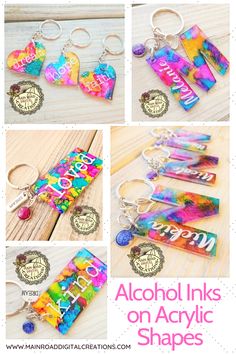 alcohol inks on acrylic shapes keychains and bottle openers are featured in this collage