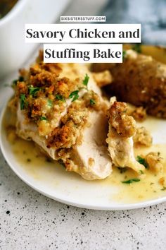 a white plate topped with chicken and stuffing