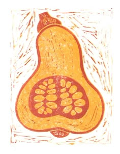 an orange and yellow drawing of a pear with seeds on it's side, against a white background