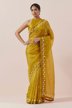 Buy Grey Saree Silk Chiffon Embroidered Lace Scoop Neck With Work Blouse For Women by Tarun Tahiliani Online at Aza Fashions. Halter Neck Blouses, Haldi Outfit, Aari Blouse, Yellow Saree, Unique Blouse Designs, Unique Blouse, Yellow Blouse