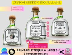 three bottles with labels on them for wedding and other items to be used in the package