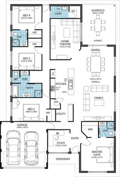 the floor plan for a two story house with three car garages and an attached living area