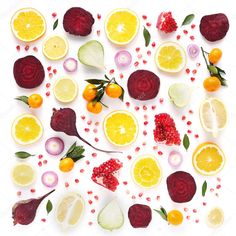 various fruits and vegetables are arranged on a white background