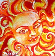 a painting of a woman's face with orange and yellow swirls