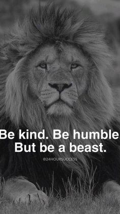 a lion sitting in the grass with a quote on it that says be kind be humble but be a beast