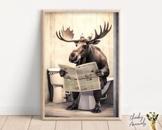 a moose is reading a newspaper while sitting on a toilet