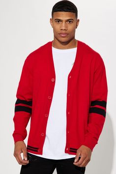 Available In Red/Black. V-Neck Button Front Ribbed Cuff And Hem 52% Viscose 28% Polyester 20% Nylon Imported | Mens Uptown Cardigan in Red/Black size Small by Fashion Nova Swim Shorts, Jeans Pants, Clothes For Sale, Everyday Essentials Products, Black Fashion, Varsity Jacket, Fashion Nova, Cardigans, Black And Red