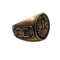 Roman Aquila bronze ring: Evoke the grandeur of ancient Rome with our Roman Aquila Signet Ring, a tribute to the legendary Roman legions and the glory of the Roman Empire. Crafted from Italian bronze with precision and reverence for history, this ring is an exquisite piece of historical jewelry that speaks volumes about the power and majesty of Rome.The centerpiece of this remarkable ring is the Aquila, the Roman eagle coat of arms that served as a symbol of honor, strength, and the unwavering d Symbolic Bronze Ceremonial Rings, Bronze Antique Finish Ring, Antique Gold Brass Rings With Antique Finish, Bronze Antique Finish Metal Rings, Bronze Patina Ring, Antique Bronze Metal Rings, Symbolic Bronze Metal Rings, Bronze Brass Ring With Oxidized Finish, Bronze Brass Rings With Antique Finish