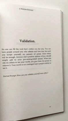 an open book with writing on it in front of a white background that says validation