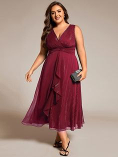 Plus Size Sleeveless Glittery Ruffled V-Neck Midi Wedding Guest Dress #color_Burgundy Byob Wedding, Midi Wedding Guest Dress, Burgundy Cocktail Dress, Cricut Wedding, Fiesta Outfit, Midsize Fashion, Plus Size Cocktail Dresses, Wedding 2025, Guest Attire