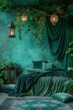 a bed with green sheets and pillows in a room that has plants growing on the walls