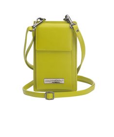 a small lime green purse with a metal handle and two straps on the strap, it is