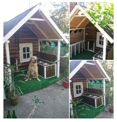 the dog house is made out of wood and has a large brown dog sitting in it