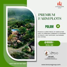 an advertisement for the premium farmplots program in thailand, with trees and houses