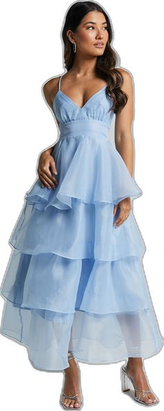 Spring Formal Layered Dress, Elegant Layered Midi Dress For Party, Blue Ruffled Skirt Dress For Prom, Blue Tiered Party Dress, Blue Tiered Skirt Party Dress, Blue Tiered Skirt Dress For Party, Elegant Blue Dress With Ruffled Skirt, Light Blue Tiered Party Dress, Elegant Blue Tiered Midi Dress