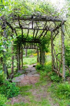 an outdoor garden with a stone path and trellisd arbor in the foreground