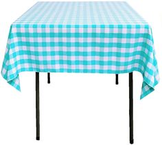 a blue and white checkered tablecloth on a black metal frame with two legs