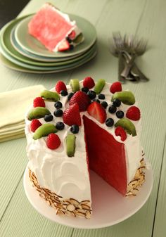 there is a cake with fruit on it and the words watermelon'cake