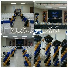 graduation decorations and balloons in the middle of a room