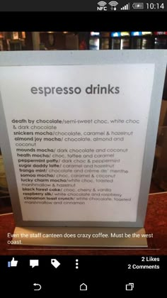 a sign that says espresso drinks on it