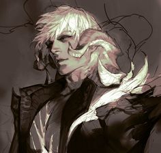 a drawing of a man with blonde hair and an evil look on his face, in front of a dark background