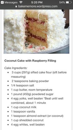 the recipe for coconut cake with raspberry filling is shown in this screenshot