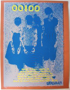 an orange and blue poster with the words ooo written in yellow letters on it