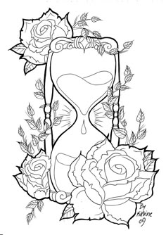 an hourglass with roses and leaves on it, in the middle of a drawing