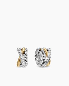 David Yurman | Crossover Three Row Huggie Hoop Earrings in Sterling Silver with 18K Yellow Gold, 13mm Mixed Metal Jewelry, Charm Rings, Diamond Hoop Earrings, Jewelry For Her, Huggie Hoop Earrings, Chains For Men, David Yurman, Silver Rose Gold, Pearl Pendant