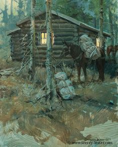 a painting of a cabin in the woods with two horses and a man standing next to it