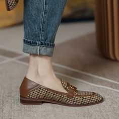 When classic plaid pattern combined with modern design. you get chick and comfy. Item Specification Upper Material: Cotton Fabric & Genuine Leather Lining Material: Wool Insole: Wool Out Sole: Rubber Toe: Round Toe Closure: Slip on Fashion Element: Plaid. Metal Decoration Casual Tassel Loafers With Round Toe For Fall, Fall Office Slip-on Tassel Loafers, Fall Office Tassel Loafers Slip-on, Chic Brown Tassel Loafers With Round Toe, Chic Tassel Loafers With Round Toe For Fall, Casual Tassel Loafers For Workwear In Fall, Chic Fall Tassel Loafers, Trendy Tassel Loafers With Round Toe For Fall, Casual Flat Tassel Loafers For Fall