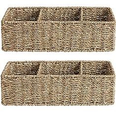 two baskets with handles on each side and one is empty, the other has an open lid