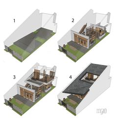 four different views of a house from the top to the bottom, with steps leading up to the second floor