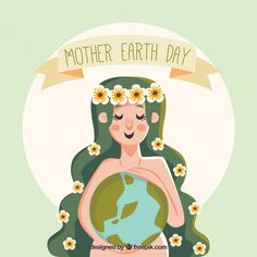 a woman holding the earth with daisies in her hair and text mother earth day