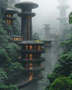 a futuristic building surrounded by trees in the fog